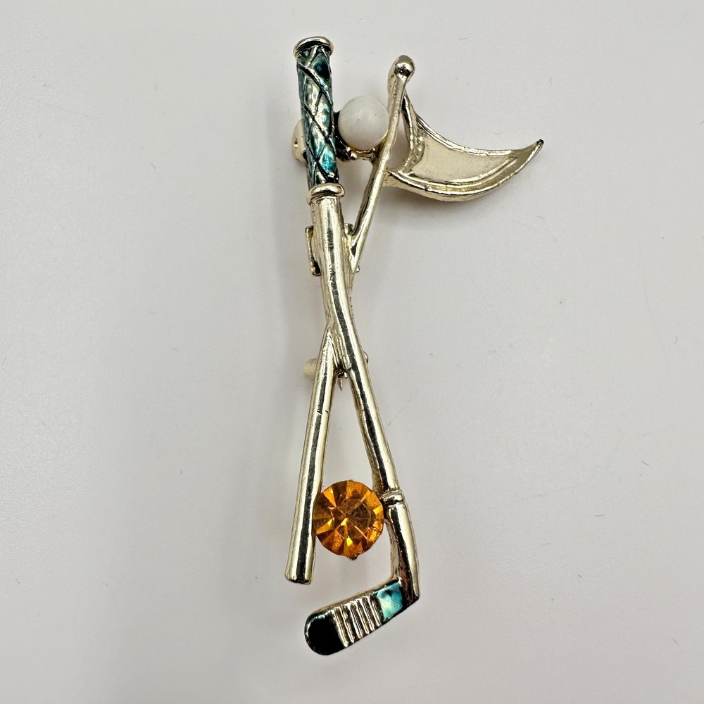 Vintage 90s Gerry's Golf Club Flag Brooch Pin Gold Tone Amber Rhinestone Jewelry